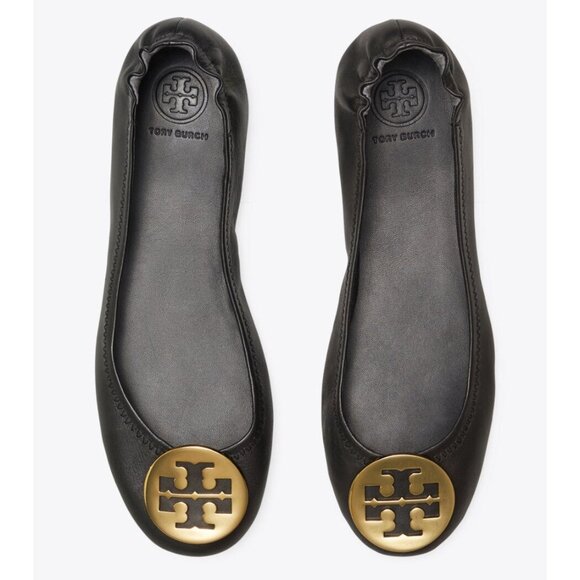 Tory Burch Minnie Travel Ballet Flats Womens 8.5 Black Leather Gold Logo Preppy